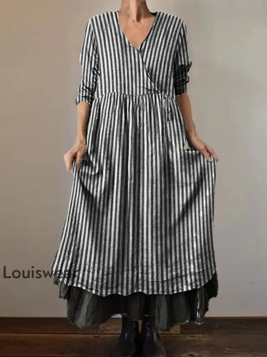 Retro Einfacher Fransen druck Vintage V-Ausschnitt Doppel-Saum Baumwolle Langarm Midi-Kleid A / S