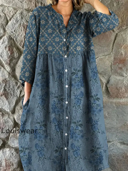 Retro Floral Art Print Vintage schick V-Ausschnitt mit Knöpfen nach oben Langarm Midi-Kleid A / S