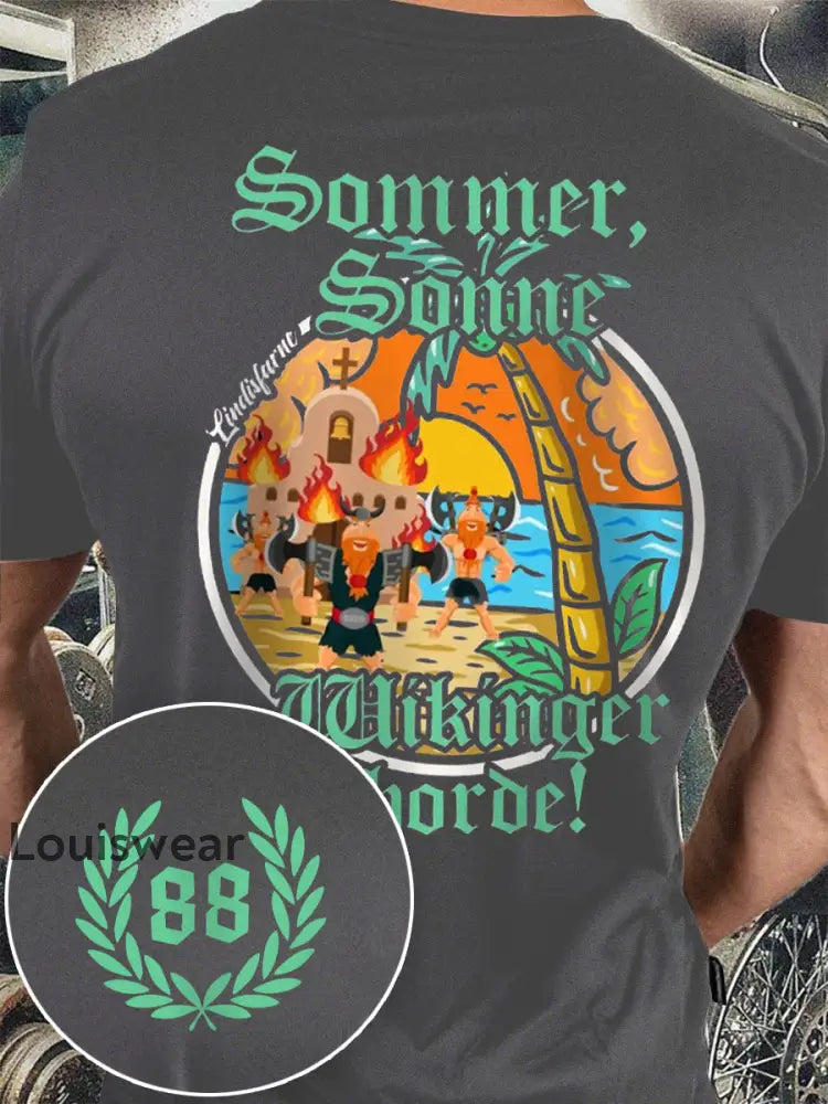 Sommer Sonne Wikinger bedrucktes Kurzarm-T-Shirt für Männer Grau / S