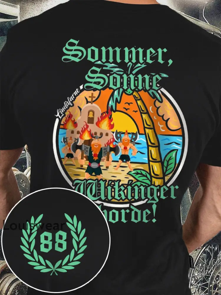 Sommer Sonne Wikinger bedrucktes Kurzarm-T-Shirt für Männer Schwarz / S