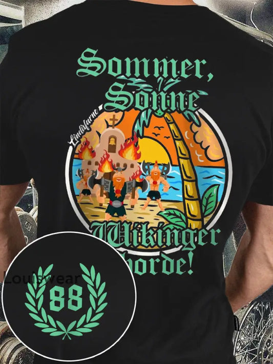 Sommer Sonne Wikinger bedrucktes Kurzarm-T-Shirt für Männer Schwarz / S