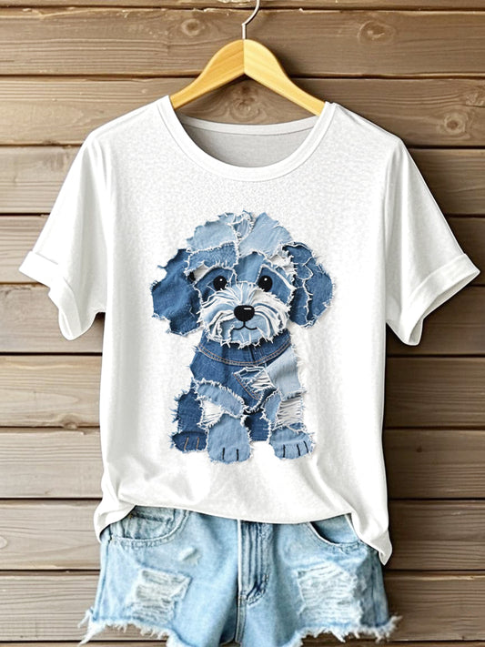 Frauen niedlicher Hund Denim Patchwork Kunst T-Shirt