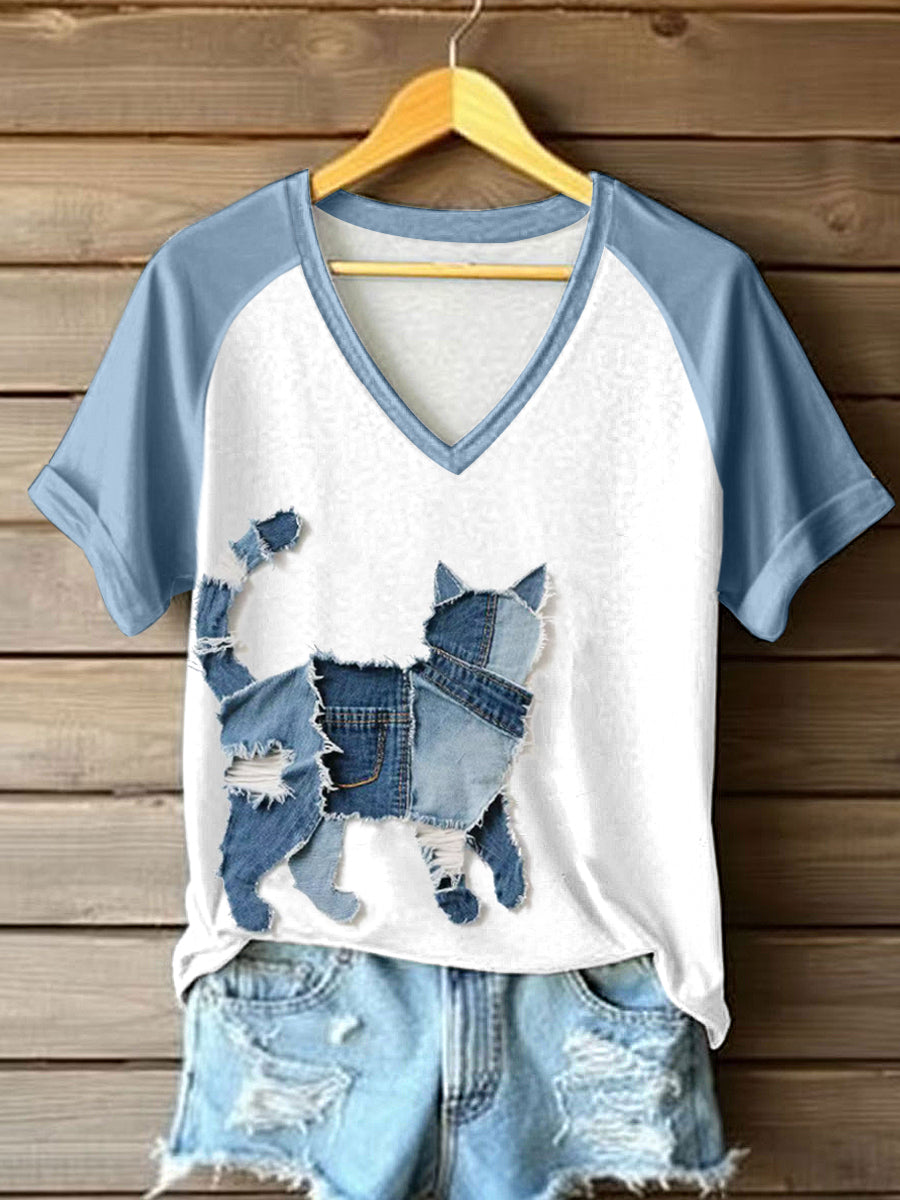 Frauen niedliche Katze Patchwork Kunst V-Ausschnitt T-Shirt