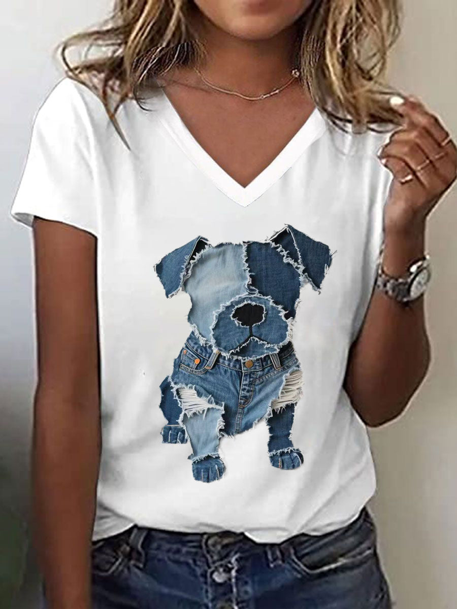 Frauen niedliches Hunde muster Patchwork Kunst V-Ausschnitt T-Shirt