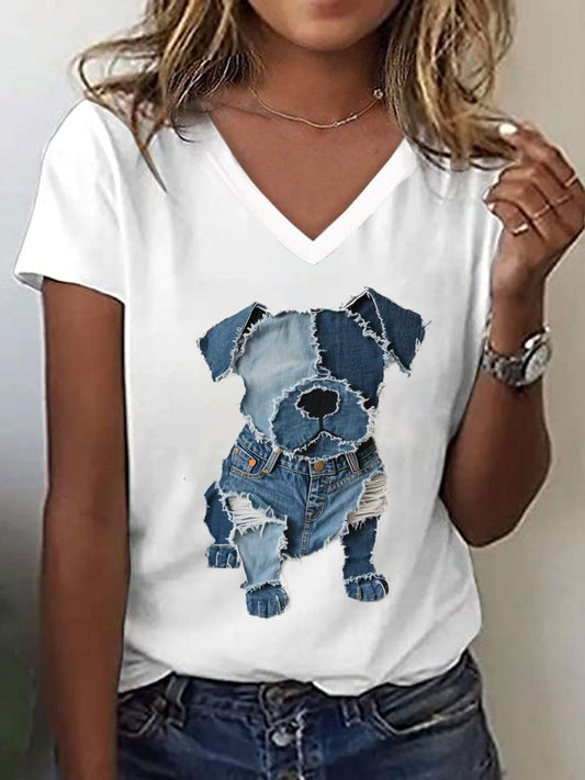 Frauen niedliches Hunde muster Patchwork Kunst V-Ausschnitt T-Shirt