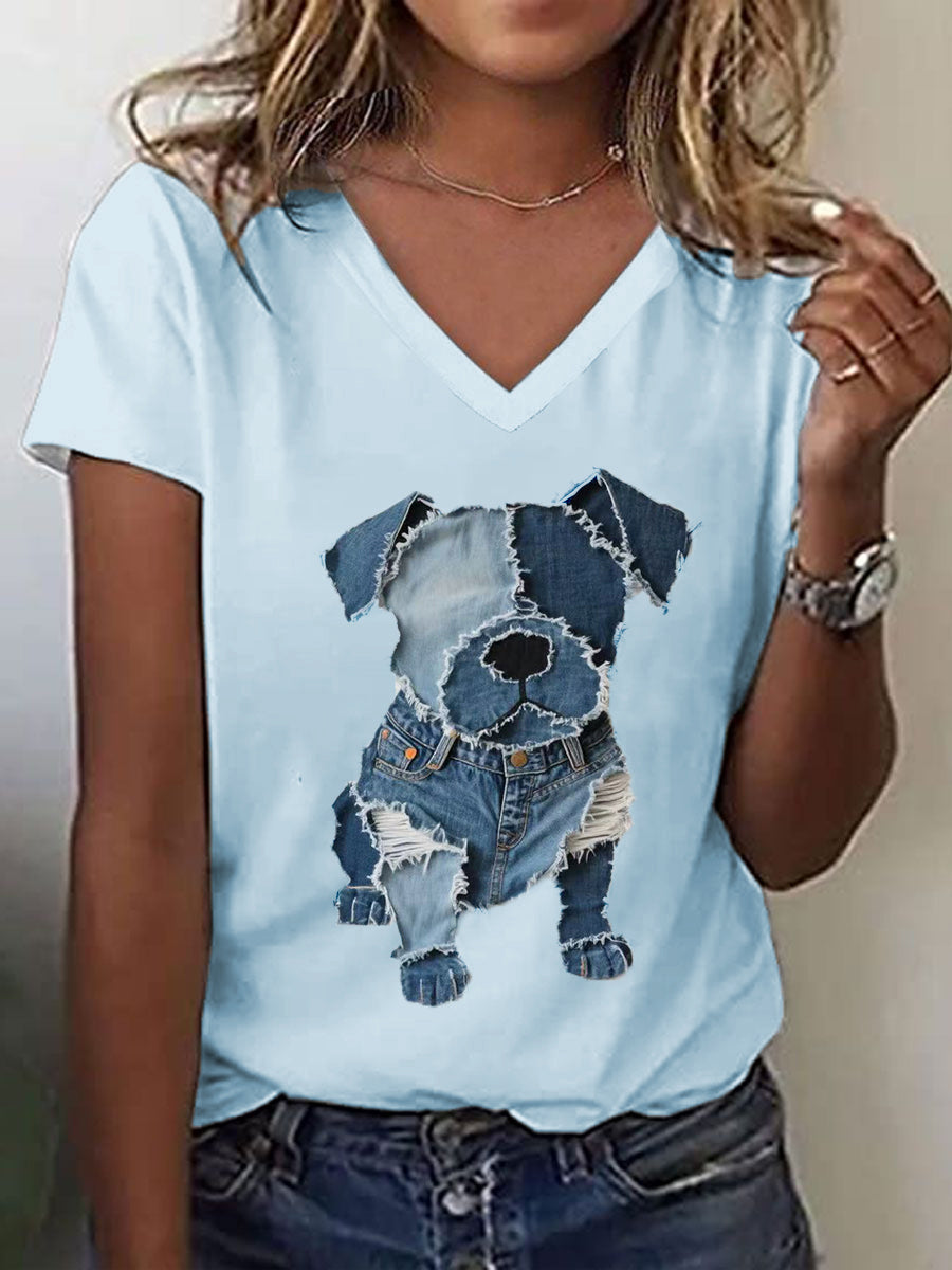 Frauen niedliches Hunde muster Patchwork Kunst V-Ausschnitt T-Shirt