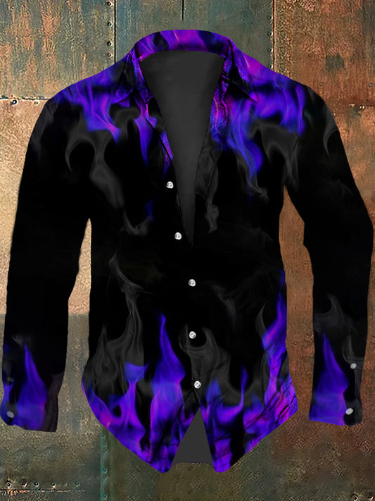 Herren Vintage Gothic Lila Flamme Rauch Abstrakt Print Lässiges Langärmliges Hemd