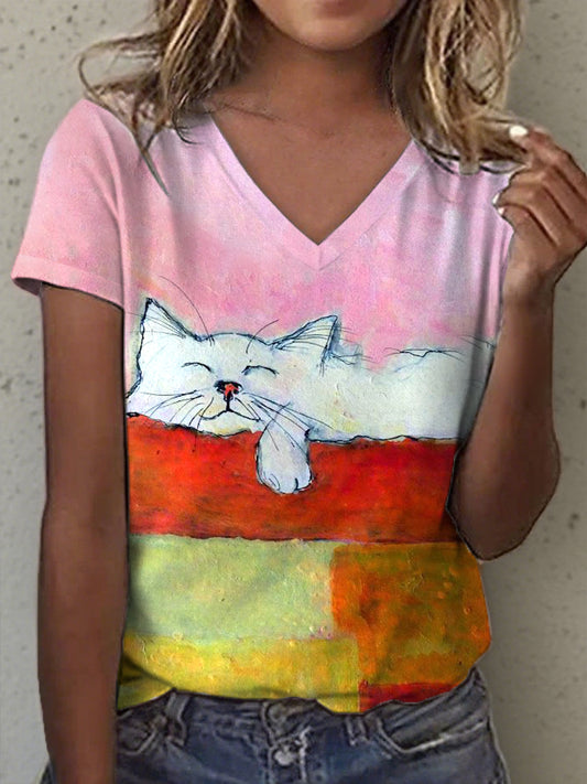 Frauen-Ölgemälde Kunst Katzen druck V-Ausschnitt T-Shirt