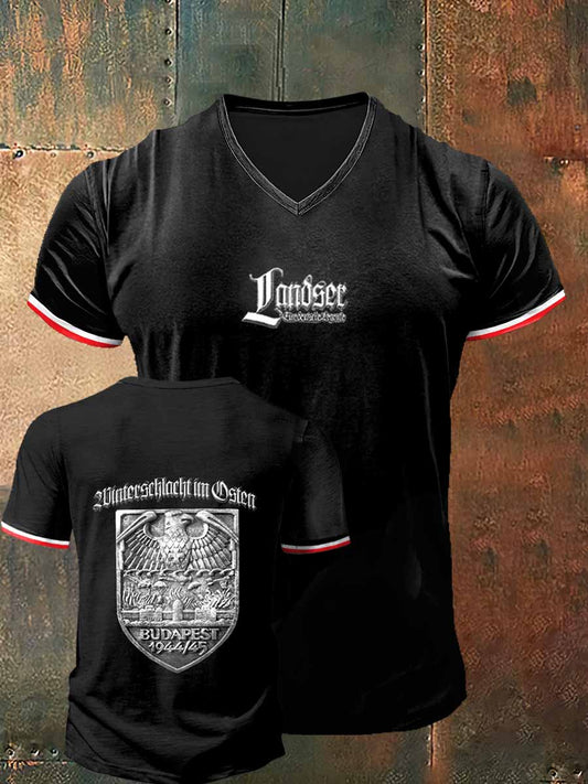 Herren Landser gedruckt Vintage Mode Kurzarm V-Ausschnitt T-Shirt
