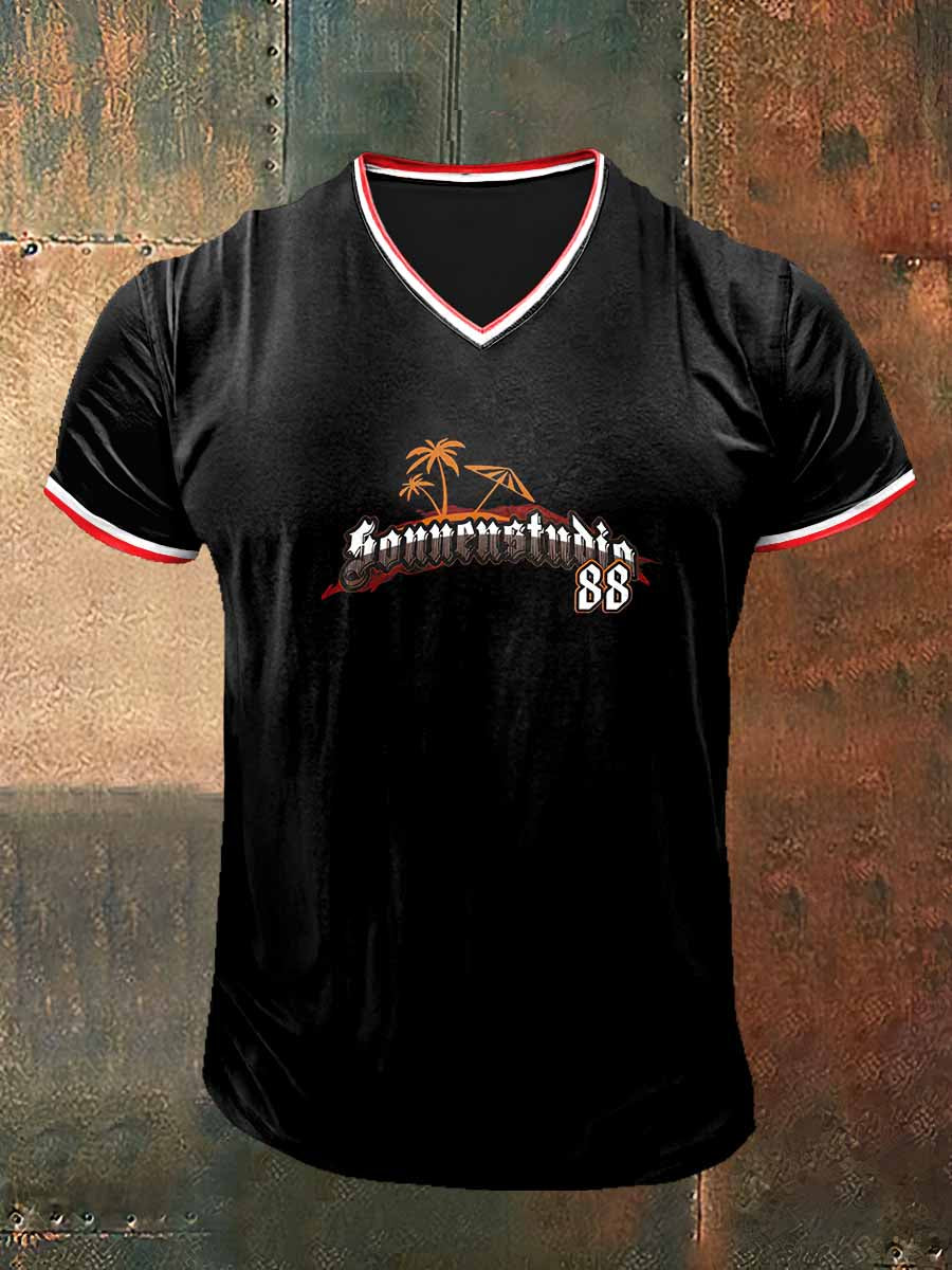 Herren Sonne ustudia 88 bedrucktes Vintage Mode Kurzarm V-Ausschnitt T-Shirt