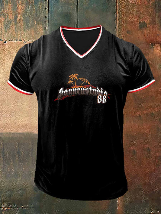 Herren Sonne ustudia 88 bedrucktes Vintage Mode Kurzarm V-Ausschnitt T-Shirt