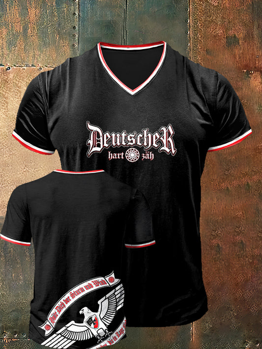 Herren Deutscher bedruckt Vintage Mode Kurzarm V-Ausschnitt T-Shirt