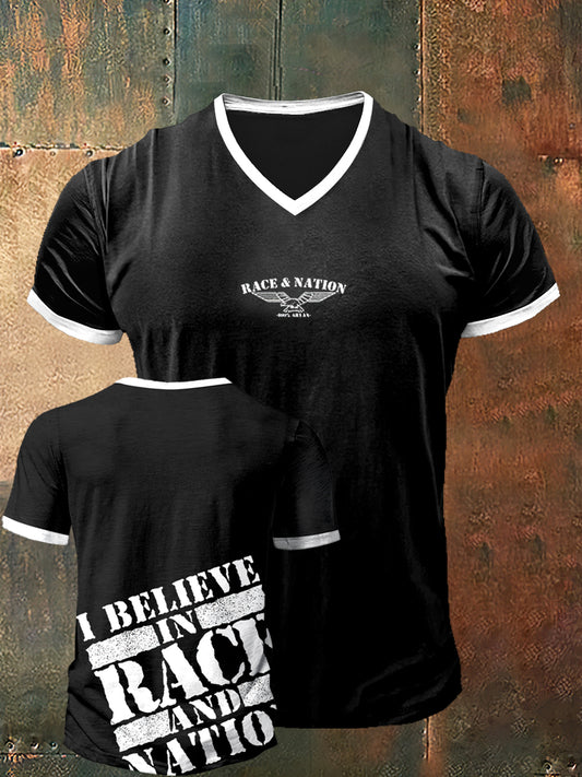 Herren Race & Nation gedruckt Vintage Mode Kurzarm V-Ausschnitt T-Shirt