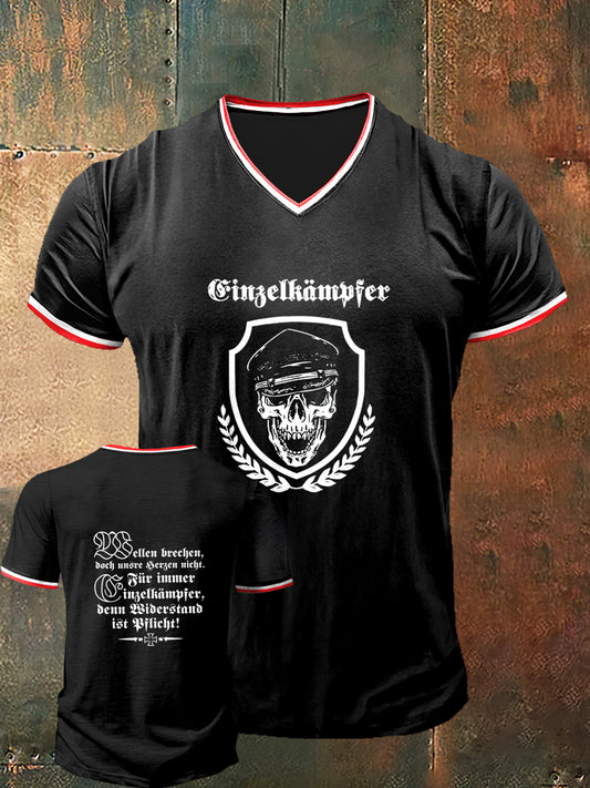 Männer Schädel Soldat gedruckt Vintage Mode Kurzarm V-Ausschnitt T-Shirt
