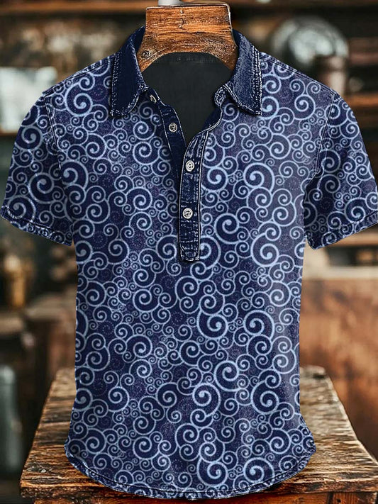 Retro Cloud Print Lässiges Polos hirt mit kurzen Ärmeln