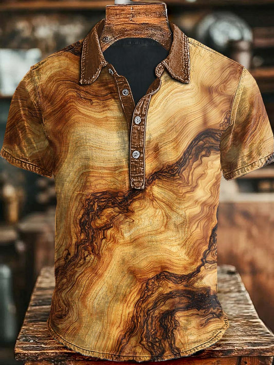 Naturholz-Textur-Print-Kurzarm-Polos hirt