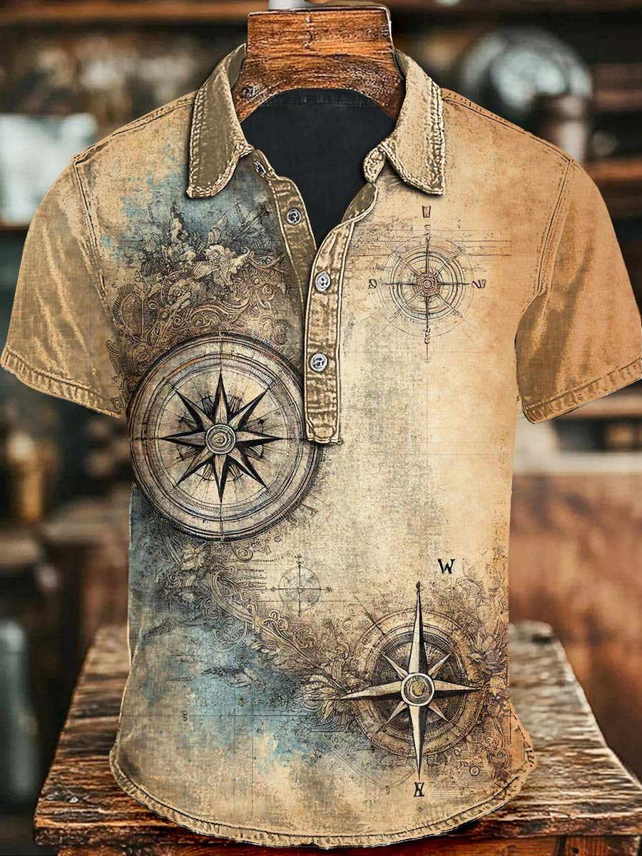 Vintage Nautischer Kompass druck Lässiges Kurzarm-Polos hirt