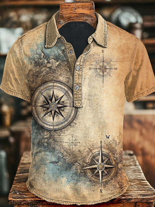 Vintage Nautischer Kompass druck Lässiges Kurzarm-Polos hirt