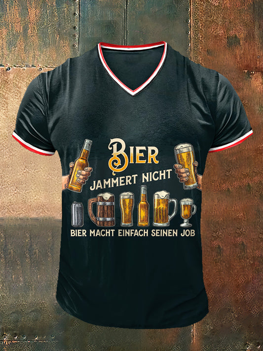Herren Bier bedruckt Vintage Mode Kurzarm V-Ausschnitt T-Shirt
