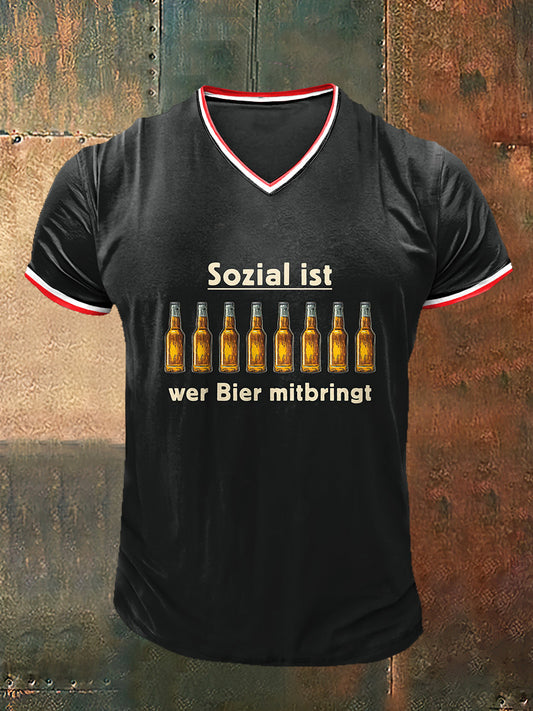 Herren Sozial Ist Mit Bier Bedruckt Vintage Mode Kurzarm T-Shirt mit V-Ausschnitt
