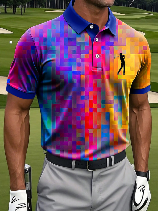 Herren Retro Regenbogen Geometrisches Ölgemälde Kunstdruck Casual Business Polo Shirt