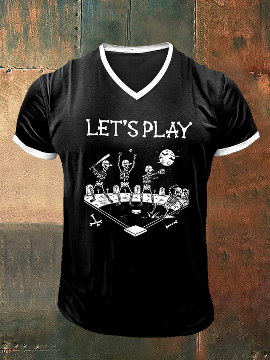 Herren Let's Play Baseball bedruckt Vintage Mode Kurzarm V-Ausschnitt T-Shirt
