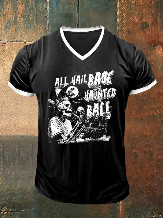 Männer Baseball-Schädel bedruckt Vintage Mode Kurzarm V-Ausschnitt T-Shirt