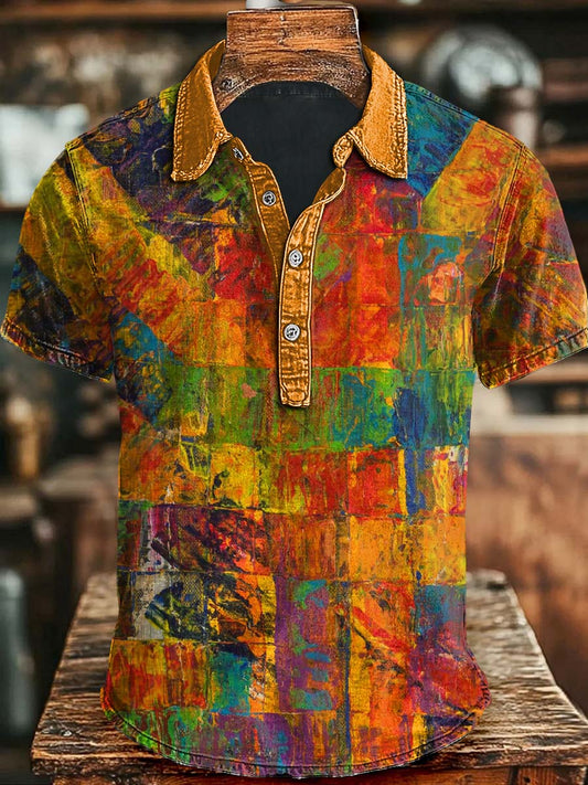 Abstrakte Farbe Clash Plaid Kunstdruck Lässiges Kurzarm-Polo-Shirt