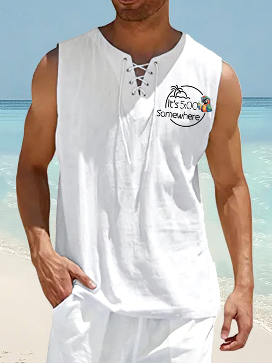 Herren Es ist 5 Uhr Irgendwo Parrot Print Casual Schnürung Baumwolle ärmelloses Hemd