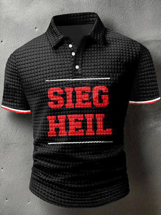 Herren Sieg Heil Print Waffel Polo Hals Kurzarm T-Shirt