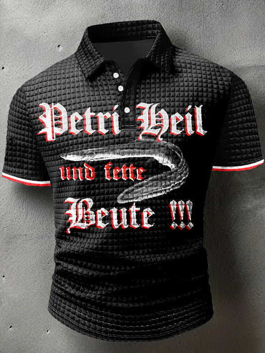 Männer Deutsch Hairtail Fisch Print Waffel Polo Hals Kurzarm T-Shirt