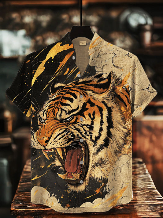 Herren Japanische Kunst Tiger Bedrucktes Hemd