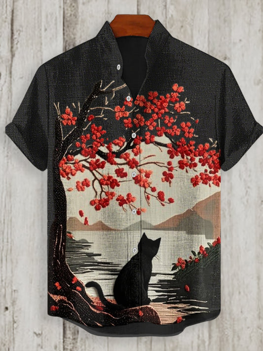 Japanische Kunst bedrucktes Kurzarm-Hemd für Männer