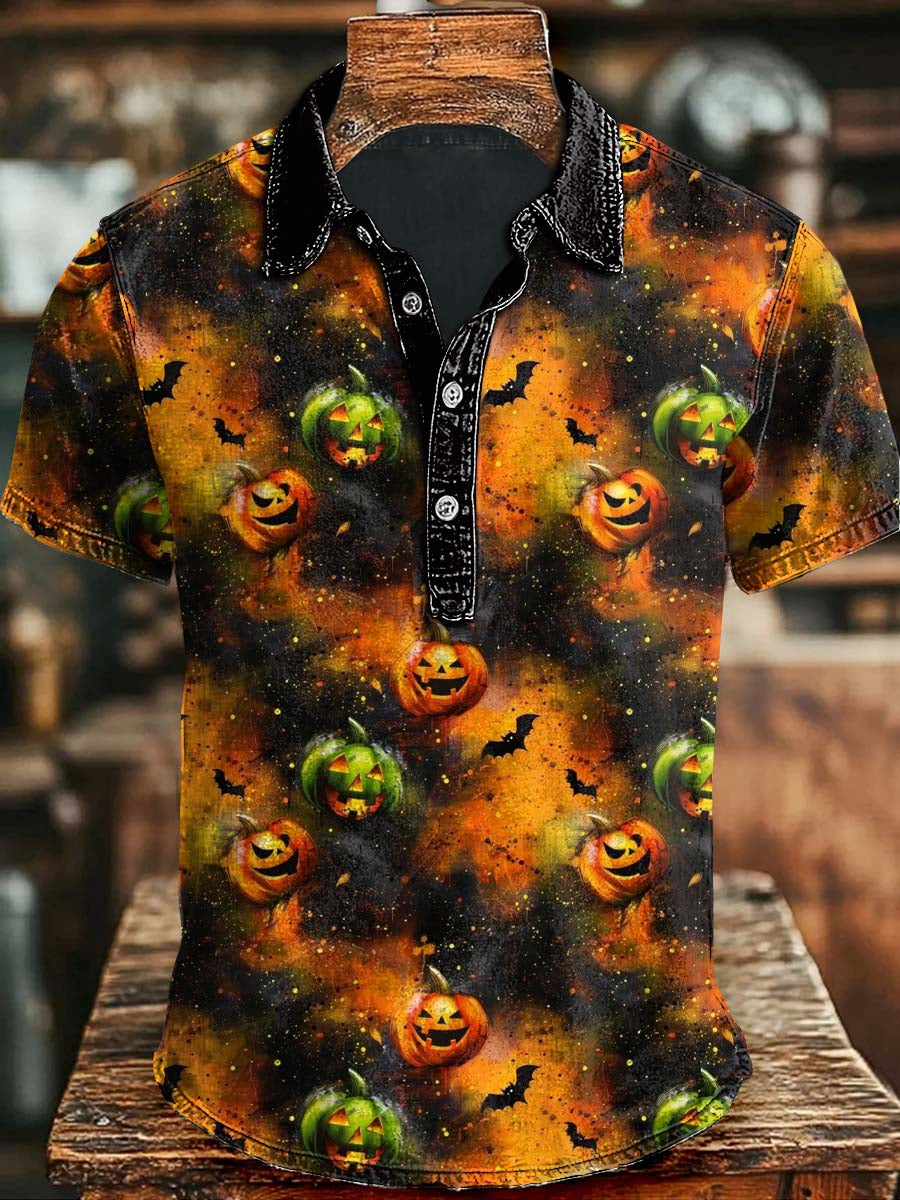 Halloween-Kürbis-Fledermaus-Print-Kurzarm-Polo-Shirt
