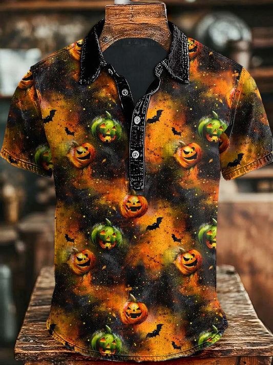 Halloween-Kürbis-Fledermaus-Print-Kurzarm-Polo-Shirt