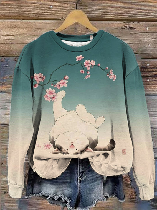 Damen Japanische Kunst Katze Print Sweatshirt
