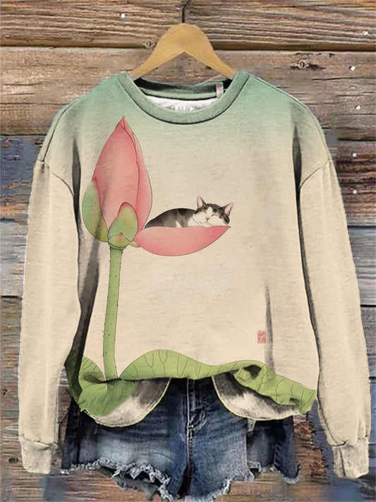 Damen Japanische Kunst Katze Print Sweatshirt