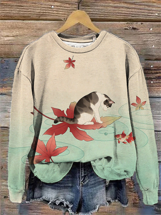 Damen Japanische Kunst Katze Print Sweatshirt