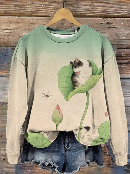 Damen Japanische Kunst Katze Print Sweatshirt