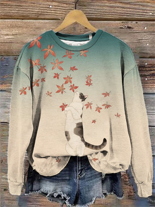 Damen Japanische Kunst Katze Print Sweatshirt