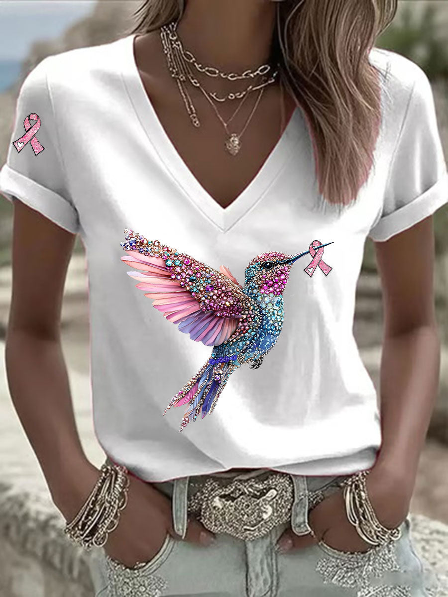 Damen-T-Shirt mit rosafarbener Band druck mit lässiger V-Ausschnitt