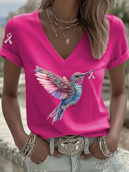 Damen-T-Shirt mit rosafarbener Band druck mit lässiger V-Ausschnitt