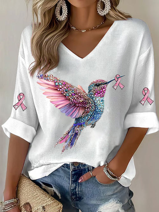 Frauen Brustkrebs Kolibri Print Casual T-Shirt