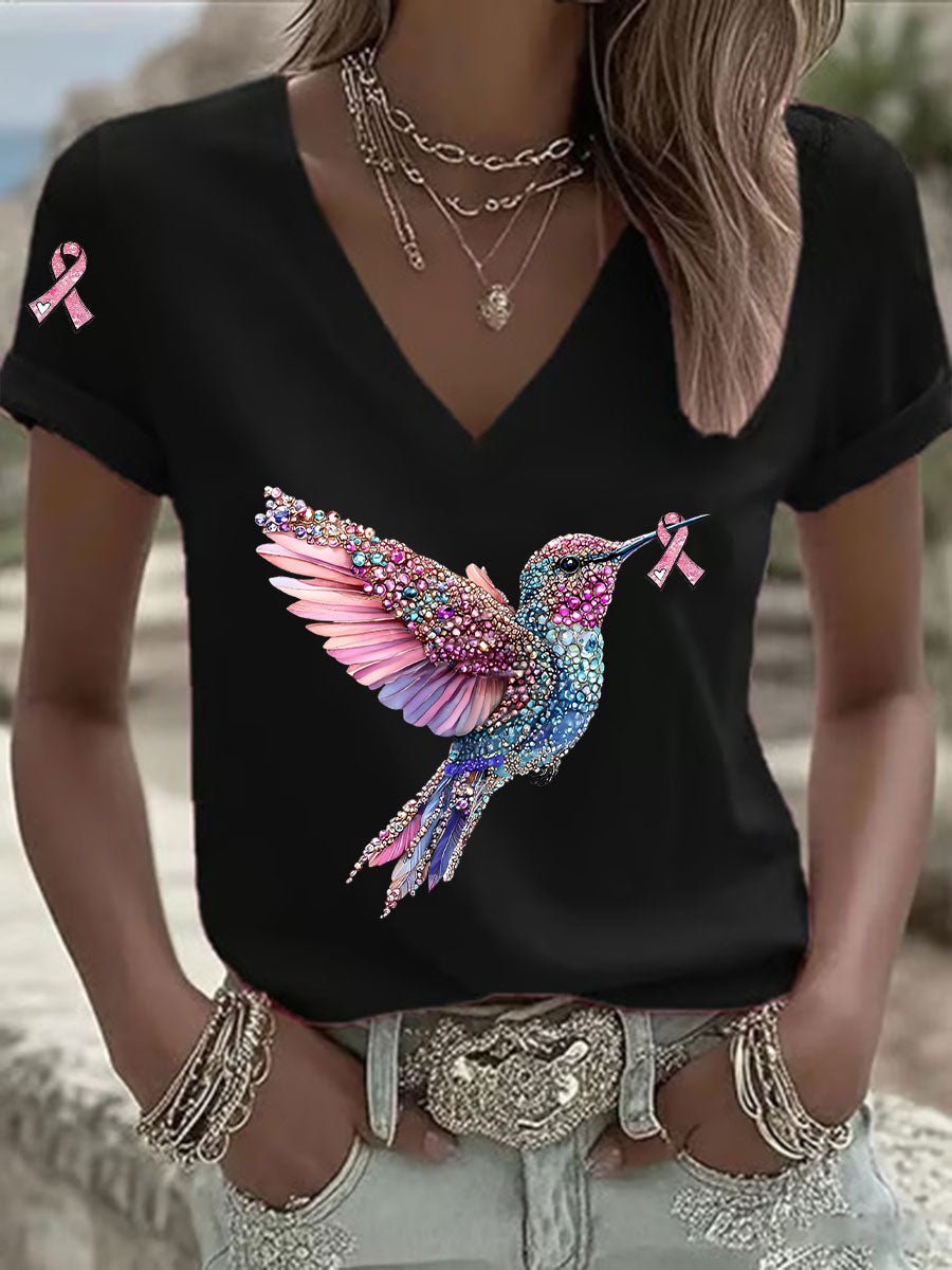Damen-T-Shirt mit rosafarbener Band druck mit lässiger V-Ausschnitt