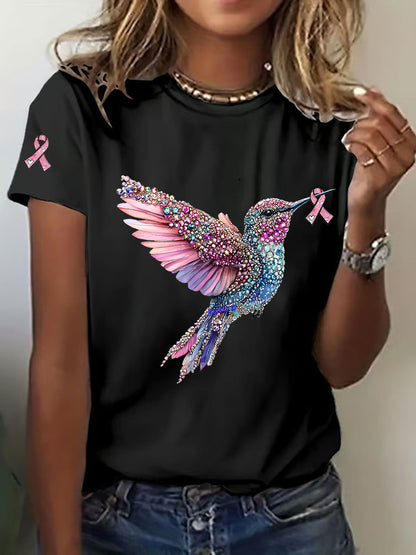 Frauen Brustkrebs Bewusstsein Kolibri Print Casual T-Shirt