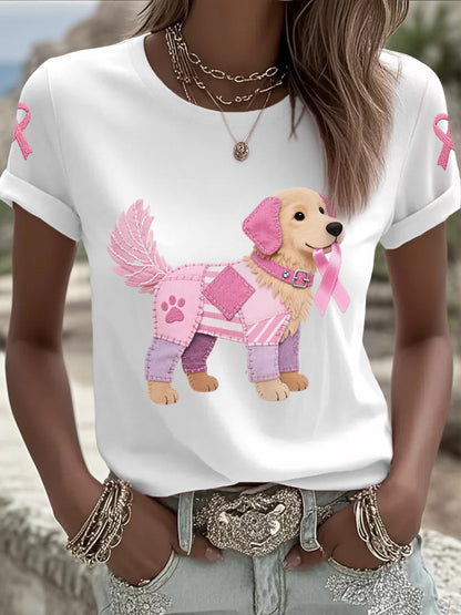 Frauen Rosa Hund Rosa Band Brustkrebs Sensi bilisierung T-Shirt
