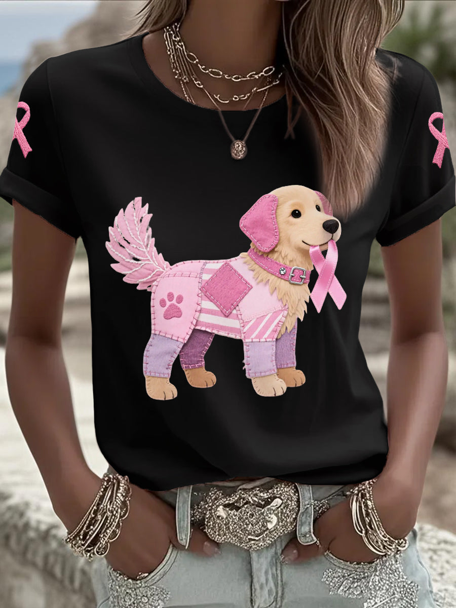 Frauen Rosa Hund Rosa Band Brustkrebs Sensi bilisierung T-Shirt