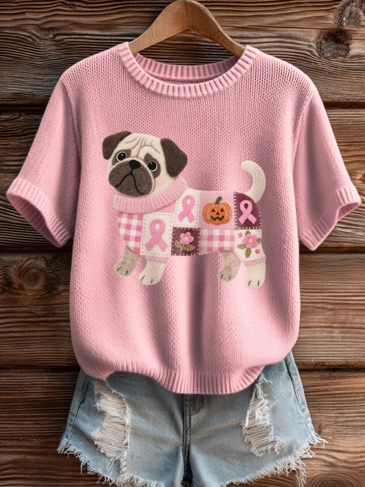 Frauen-Brustkrebs-Bewusstsein inspiriertes Mops-Muster Filz-Kunst gemütliches Strick-Top