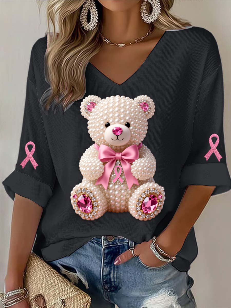 Vintage Breast Cancer Bear Perlen Abstrakt Print Lässiges T-Shirt aus Baumwolle mit langen Ärmeln