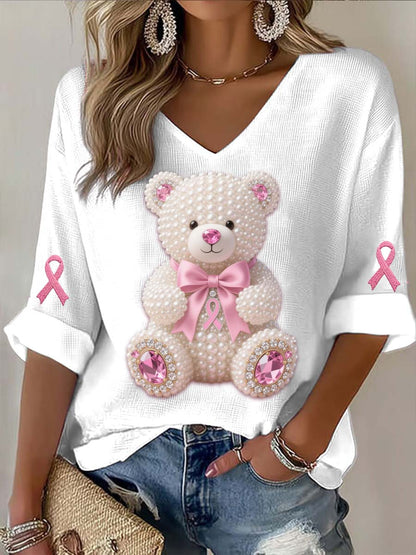 Vintage Breast Cancer Bear Perlen Abstrakt Print Lässiges T-Shirt aus Baumwolle mit langen Ärmeln